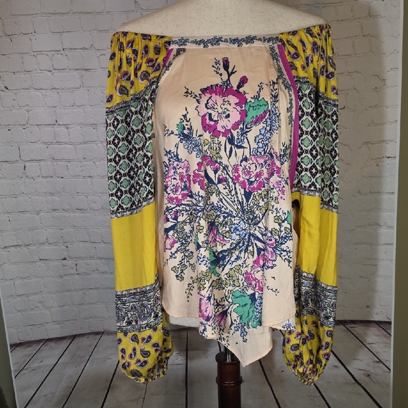 Free People Tops - Free People Positano Peasant Blouse Patchwork Floral Boho Top Size S